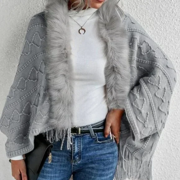 Gray Faux fur Trim Textured Knit Open front Sweater Cardigan - Picture 6 of 9